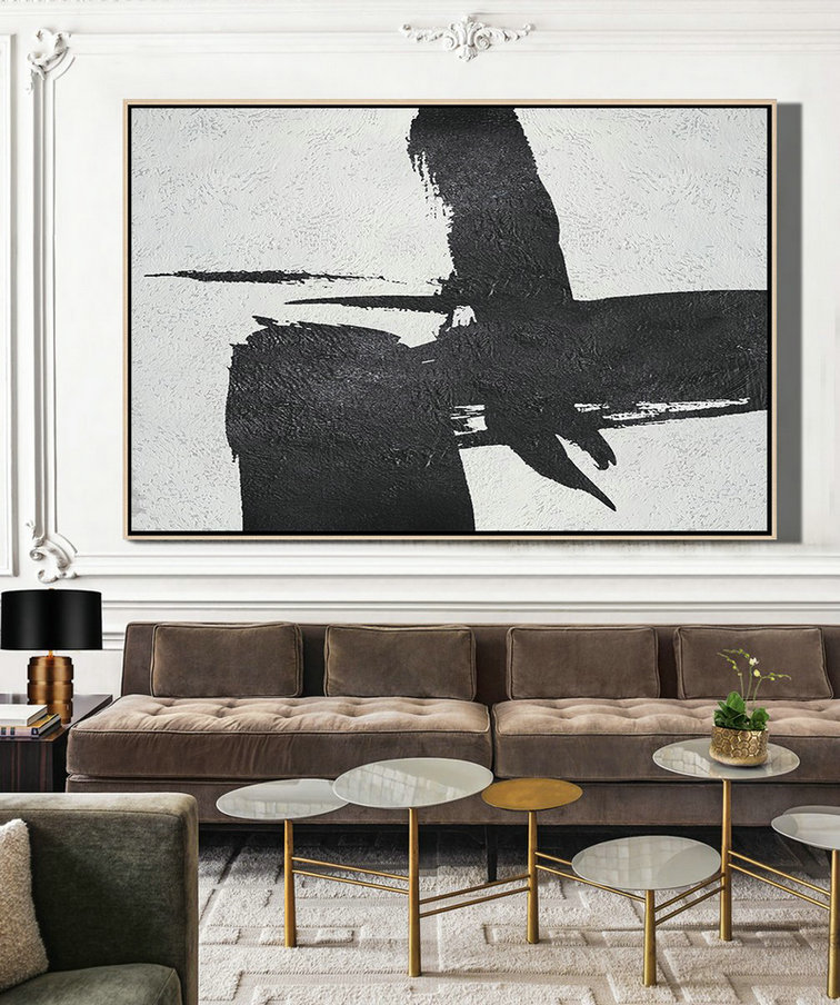 Custom Canvas Wall Art,Hand Painted Oversized Horizontal Minimal Art On Canvas, Black And White Minimalist Painting - Abstract Painting On Canvas